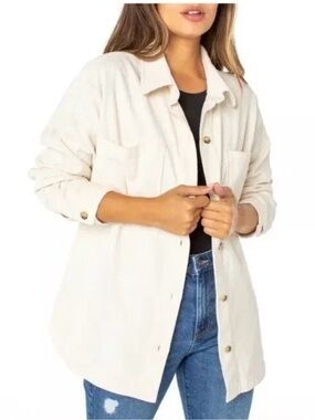 Celebrity Pink Ivory Cream Soft Corduroy Button Up Pockets Shacket Jacket